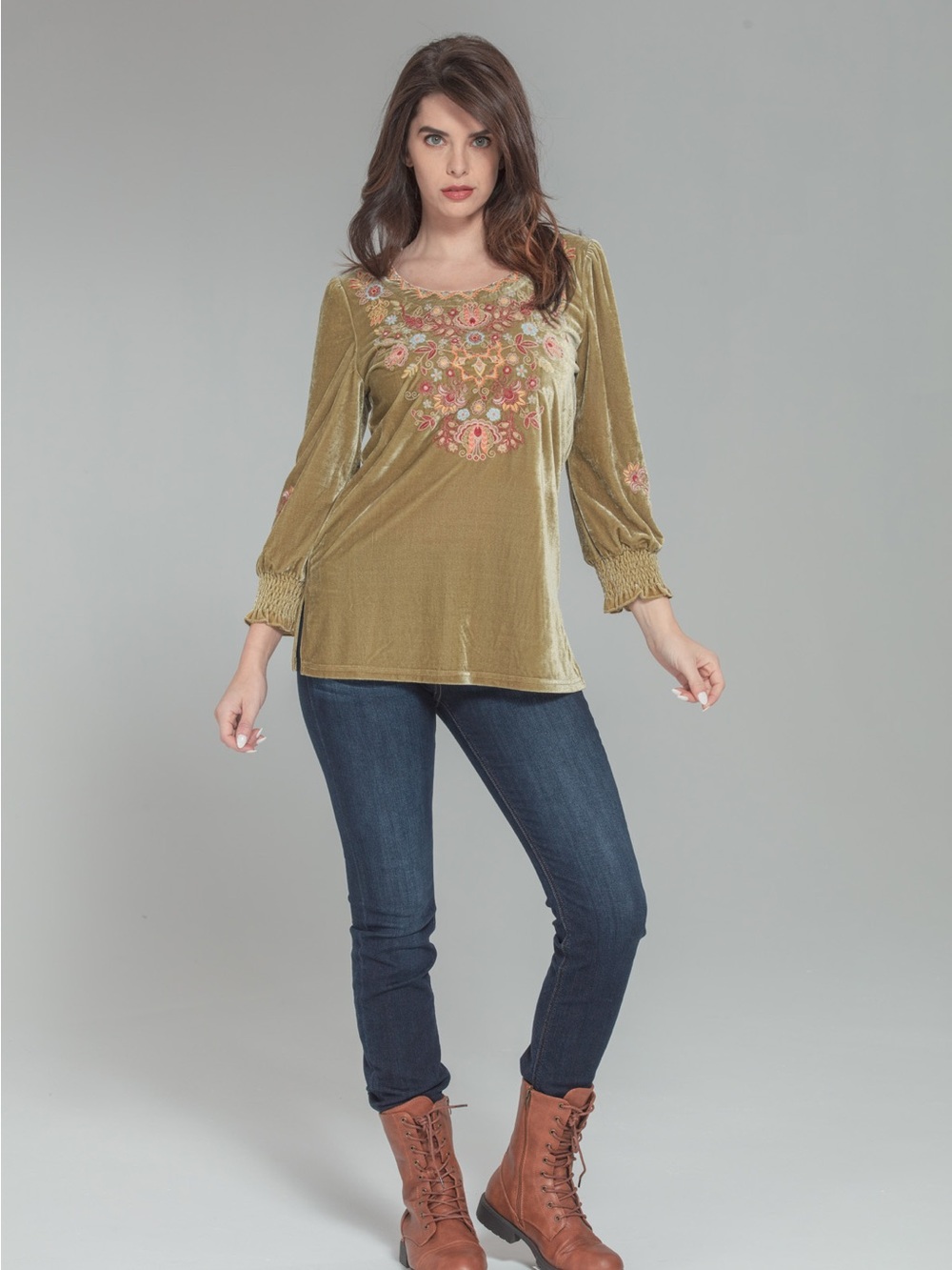 Olive Green Velvet Embroidered Peasant Tunic